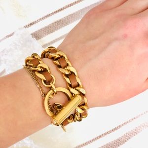 Gold Link and Brown Leather Wrap Bracelet